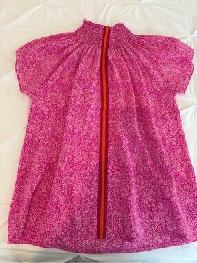 Smocked-Neck Short Sleeve Blouse in Bright Pink